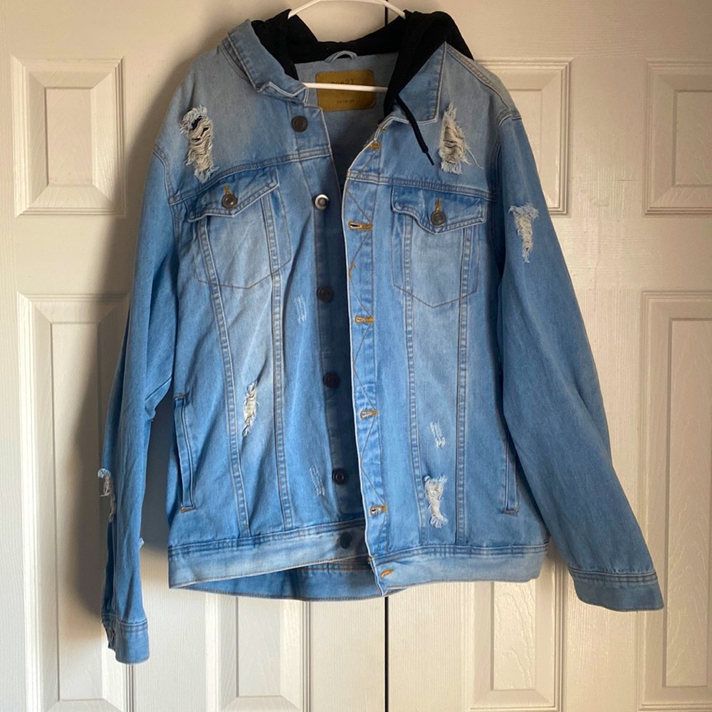 Ripped Jean jacket with black hood attachment with 4 inside/outside pockets